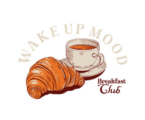 Coffee and croissant hand drawn vector art, Retro vintage French breakfast vector design with typography, Breakfast club artwork for t shirt, poster, print