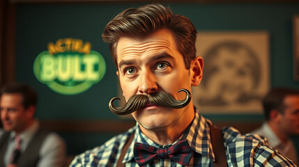 Retro advertisement starring mustachioed man for mustache event