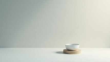Simple Minimalist Scene White Bowl on Wooden Stand Against a Neutral Background