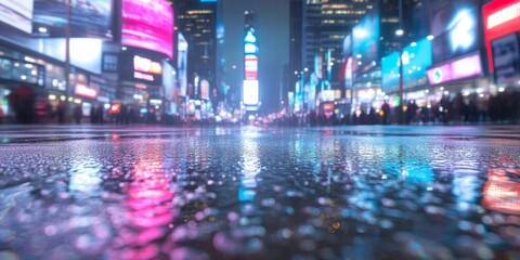 A rainy night in Times Square with colorful neon lights reflecting on the wet street, capturing the vibrant atmosphere of the city.
