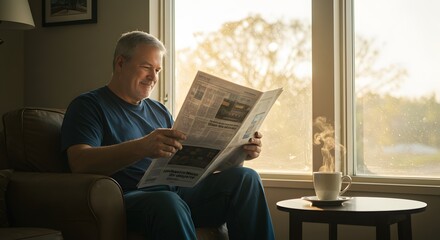 Morning News: Senior Man Reading Newspaper by Window