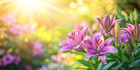 Fototapeta premium Sunlit pink lilies in a vibrant garden 