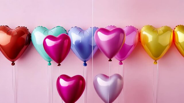 Vibrant heart balloons ascending against soft pink backdrop