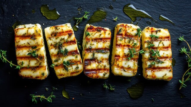 Grilled Cheese Slices on Black Slate with Fresh Herbs and Olive Oil Drizzle