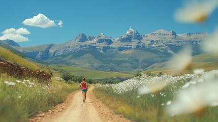 Obraz premium Woman Explores Scenic Mountain Trail Through Summer Wildflowers, Blurred Background, Copy Space