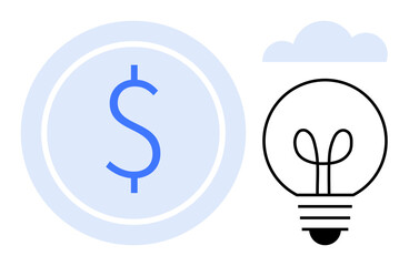 Blue dollar sign in circular outline next to a minimal light bulb and cloud, suggesting financial planning, innovation, creativity, investment, savings, technology, entrepreneurship. Flat simple