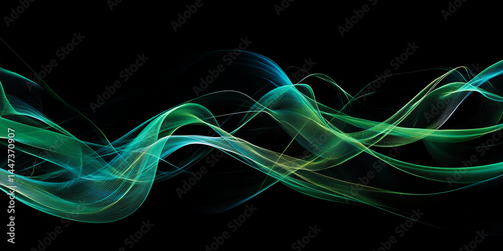 Poster Abstract image of flowing teal and green light waves on black background, creating a dynamic and energetic visual effect suitable for modern designs