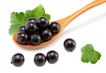 black currant in wooden spoon isolated on white background. macro. clipping path