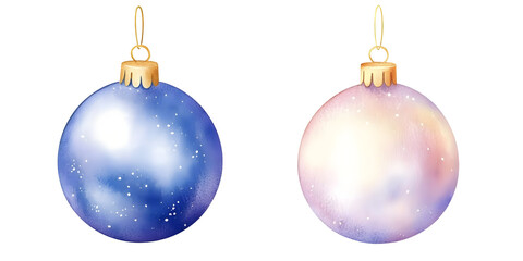 Two Christmas Ornaments, Blue And Pastel Purple, Isolated Background Illustration