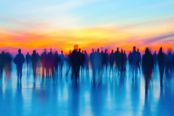 Fototapeta premium Blurry silhouettes walking towards a vibrant sunset