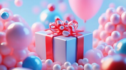 Gift surrounded by colorful spheres and balloons