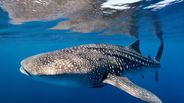 A stunning view of a whale shark gracefully swimming beneath the ocean's surface, showcasing its unique spotted pattern in vibrant blue waters.