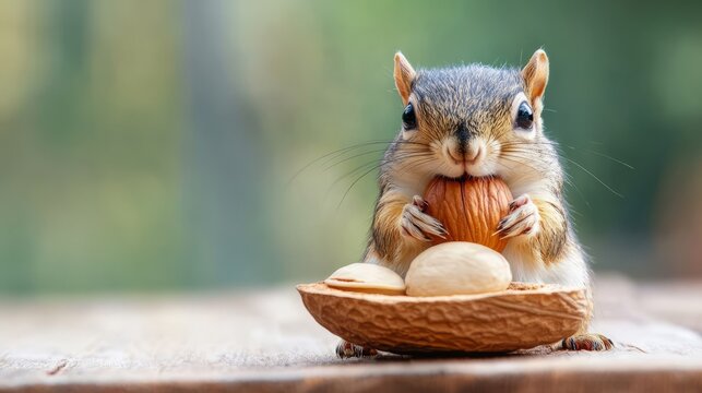 nuts heart health. Adorable squirrel holding a nut with paws, sitting in a nutshell on a wooden surface, natural photography with soft green blurred background.