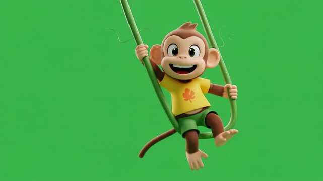 Playful cartoon monkey swinging on green vines