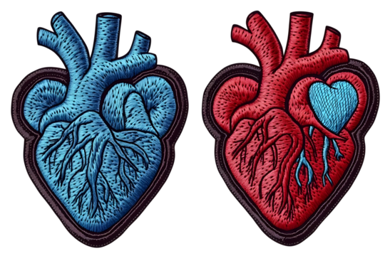 Two Embroidered Heart Illustrations In Blue And Red Colors, Anatomical Heart Art, Decorative Medical Images, Vector Illustration