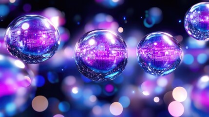 Luminous spheres float in a vibrant purple and blue nebula