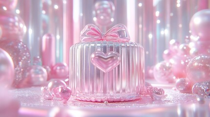 Pink Gift Box With Bow And Heart Decor
