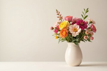 Fototapeta premium A vibrant bouquet of multicolored blossoms arranged in a simple, elegant vase, showcasing a delightful springtime aesthetic.