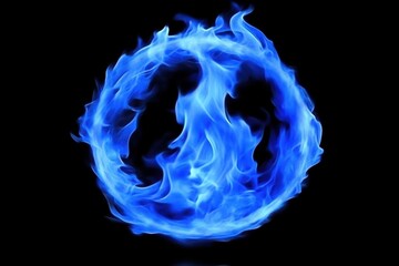 A vibrant, circular display of intense blue flames against a black background  Detailed and stylized flames form a ring around the center