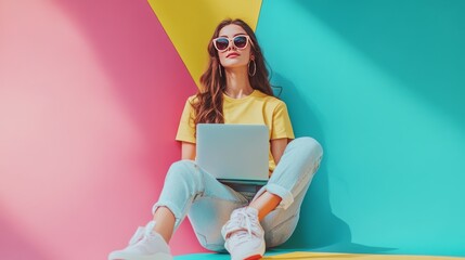A young woman with a laptop and new shoes sits on a colorful background. It's a Black Friday sale.
