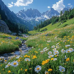 A peaceful alpine meadow with wildflowers and a backdrop of towering mountains