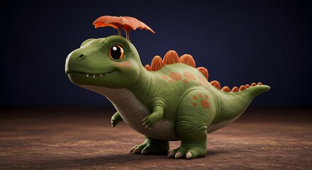 Fototapeta premium Adorable Dinosaur Character Standing on Wood with Orange Leaf Decoration