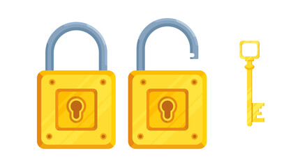 Illustration of detailed locks with open and closed lock and key