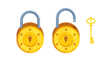 Illustration of detailed round locks with open and closed lock and key