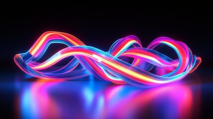 Bright, colorful neon lines glow against a dark backdrop. The curved and crossed lines make a modern and lively abstract design.
