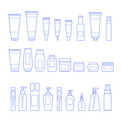 Fototapeta premium Collection of illustrations of cosmetics packaging in outline style