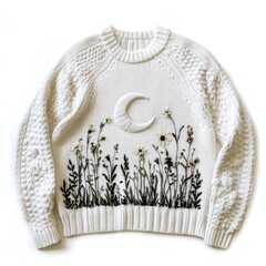 Knitted sweater with embroidered wildflowers and moon