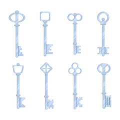 Illustrations of a set of silver keys for locks in simple style