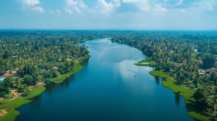Drone view: blue lake and green forest in Kerala. Beautiful nature!
