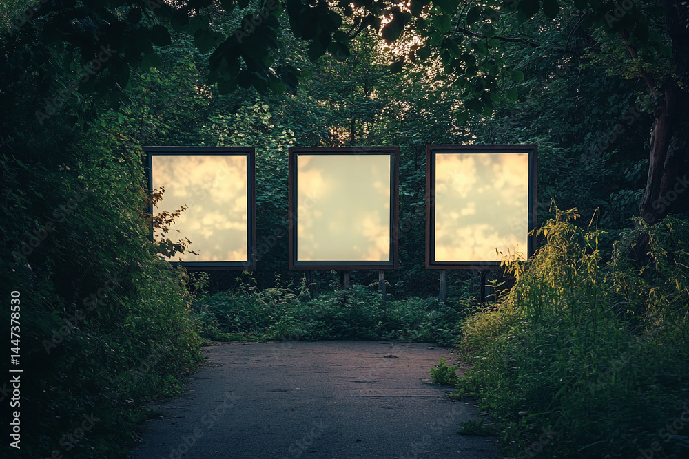 Aufkleber three blank billboards stand in a sunlit forest path, showcasing a nature scene mockup ideal for adv