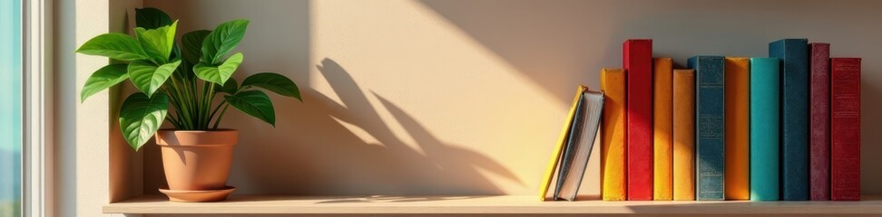 Obraz premium Colorful books & potted plant on stylish shelf, books, library