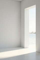 Minimalist Room Interior Design Bright Sunlight Illuminates Empty Space with Ocean View Through a Modern Architectural Window
