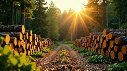 Obraz premium Golden Hour Lumber Path Sunlit Forest Road Flanked by Stacks of Cut Logs, Peaceful Woodland Setting