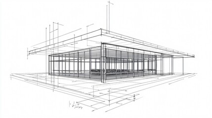 Obraz premium A schematic construction blueprint drawing with annotated floor plan grid and perspective build sketch of facade elevations and window detailing