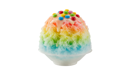 Rainbow shaved ice dessert topped with colorful candies.  Multicolored layers of shaved ice create a vibrant rainbow effect. Drizzled with a sweet, light-pink glaze