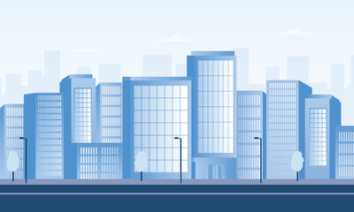 Modern Flat Style Vector Cityscape with Blue Buildings, Trees, and Cloudy Sky &ndash; Monochrome Urban Landscape Illustration