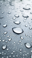 Close-up of water droplets on a gray surface, showing their round and reflective shapes