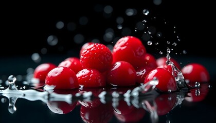 fresh ripe berries falling in water with splash isolated on black