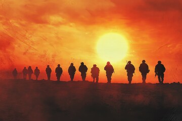 Marines. Military Veterans at Sunset Silhouettes. Soldiers in Platoon and Company Warfare