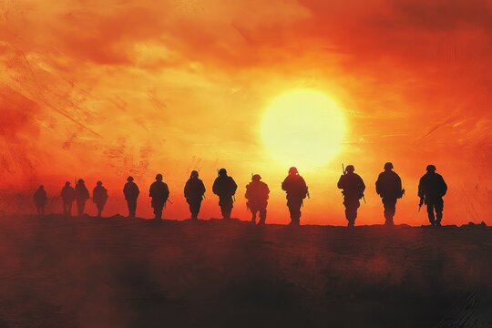 Marines. Military Veterans at Sunset Silhouettes. Soldiers in Platoon and Company Warfare