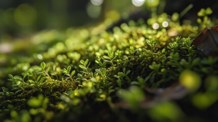 Green grass in a forest field, close up.
