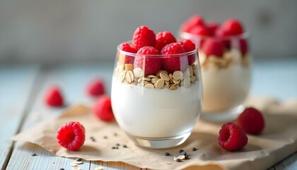 glasses with tasty yogurt, oat flakes and raspberries near scattered chia seeds, oat flakes and