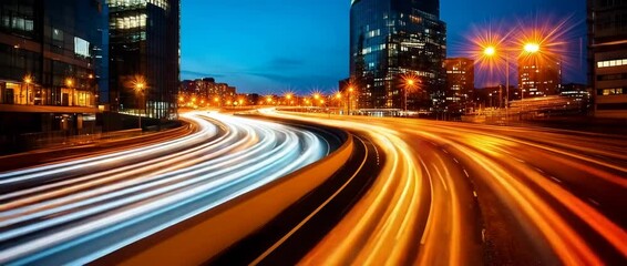 City Lights on the Move: A breathtaking view of a city at dusk, capturing the dynamic movement of vehicles on illuminated roadways amidst towering skyscrapers.