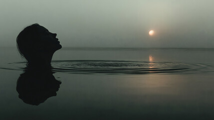 Serene Woman Silhouette in Water at Dusk with Gentle Sunlight Glow