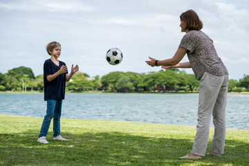 Happy family parent children having picnic outdoor activity. Enjoy happiness moment summer playing...
