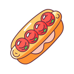 Delicious hotdog food illustration featuring tasty sausage bun and fresh tomato toppings design